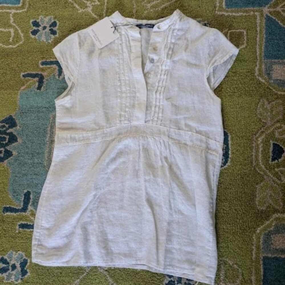 NEW MICHELANGELO Women Sz L Shirt Top Tunic White Linen Band Collar Cap Sleeves